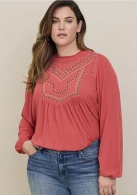 Torrid Top Womens 3X Coral Pink Embroidered Ruffle Gauzy Boho Peasant Cottage